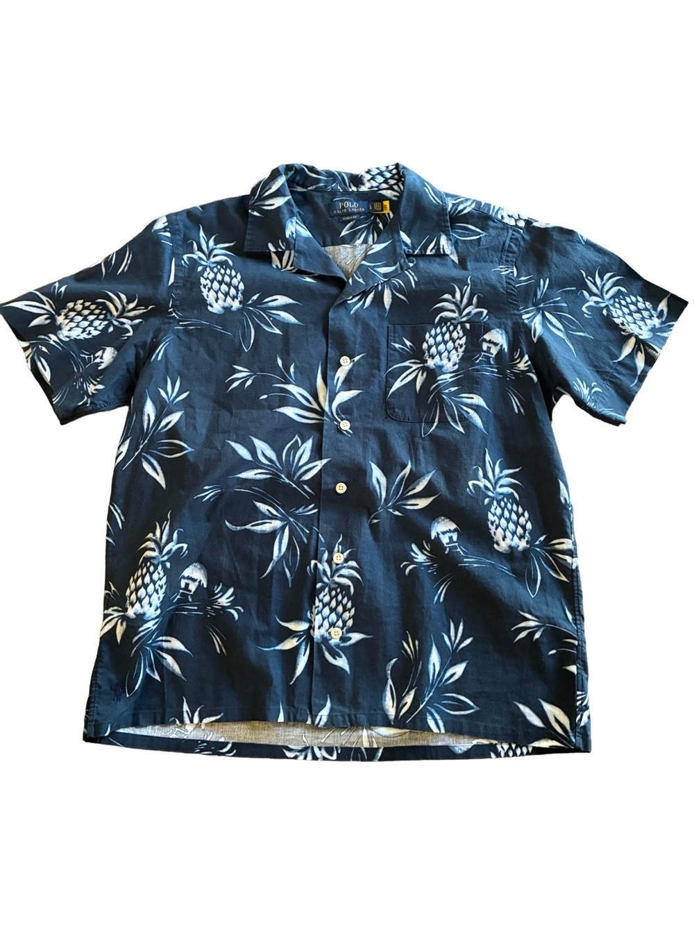 Polo Ralph Lauren Pineapple Hawaiian Camp Shirt Navy Blue Cotton Men’s Large